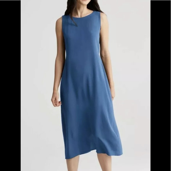 EILEEN FISHER Dress Sz M Silk Georgette Crepe Blue - Picture 3 of 8